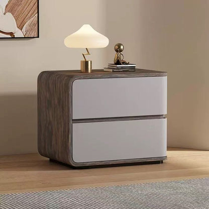 Contemporary Creative Solid Wood Faux Leather Curved Square Nightstand 2-Drawer For Bedroom