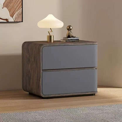 Contemporary Creative Solid Wood Faux Leather Curved Square Nightstand 2-Drawer For Bedroom