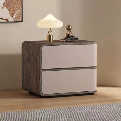 Contemporary Creative Solid Wood Faux Leather Curved Square Nightstand 2-Drawer For Bedroom