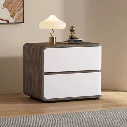 Contemporary Creative Solid Wood Faux Leather Curved Square Nightstand 2-Drawer For Bedroom