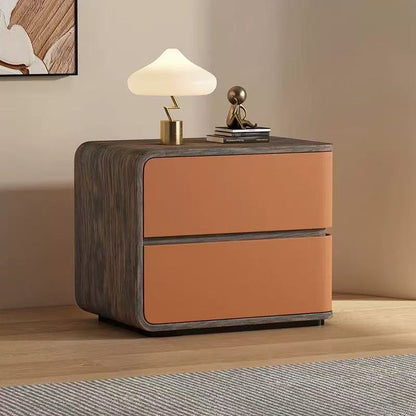 Contemporary Creative Solid Wood Faux Leather Curved Square Nightstand 2-Drawer For Bedroom