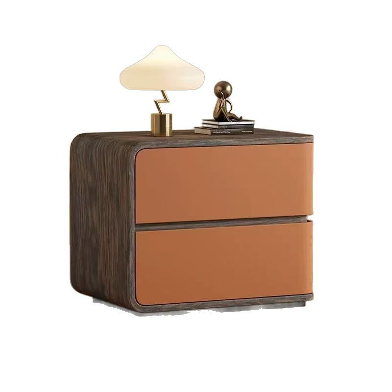 Contemporary Creative Solid Wood Faux Leather Curved Square Nightstand 2-Drawer For Bedroom