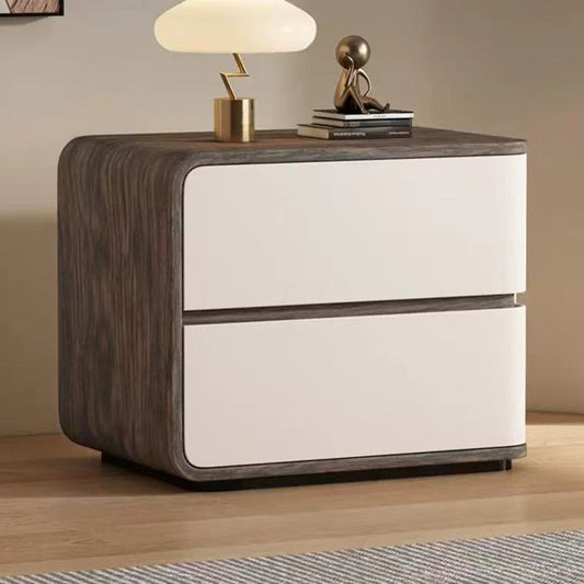 Contemporary Creative Solid Wood Faux Leather Curved Square Nightstand 2-Drawer For Bedroom