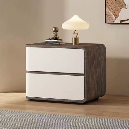 Contemporary Creative Solid Wood Faux Leather Curved Square Nightstand 2-Drawer For Bedroom