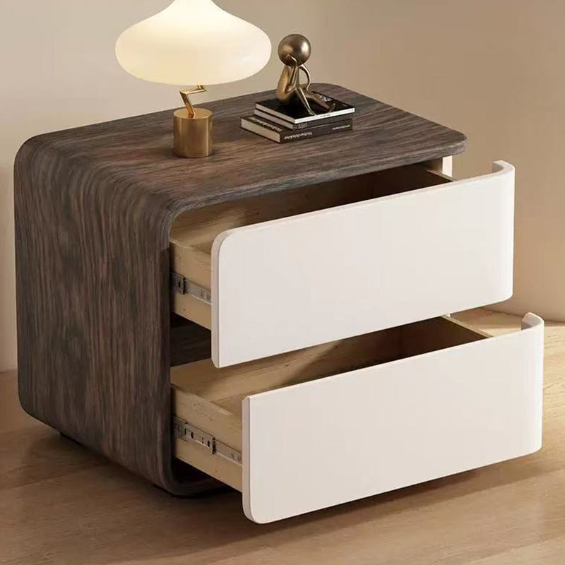 Contemporary Creative Solid Wood Faux Leather Curved Square Nightstand 2-Drawer For Bedroom