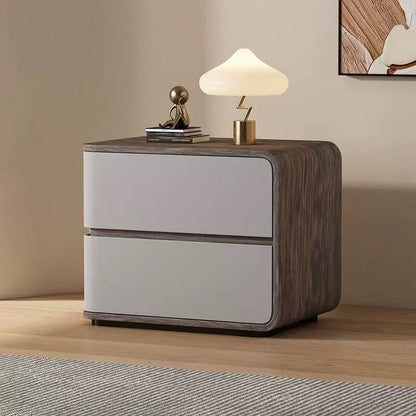 Contemporary Creative Solid Wood Faux Leather Curved Square Nightstand 2-Drawer For Bedroom