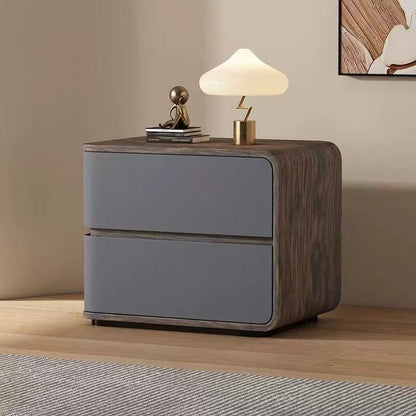 Contemporary Creative Solid Wood Faux Leather Curved Square Nightstand 2-Drawer For Bedroom