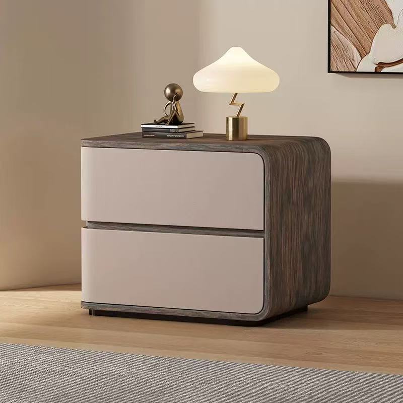 Contemporary Creative Solid Wood Faux Leather Curved Square Nightstand 2-Drawer For Bedroom