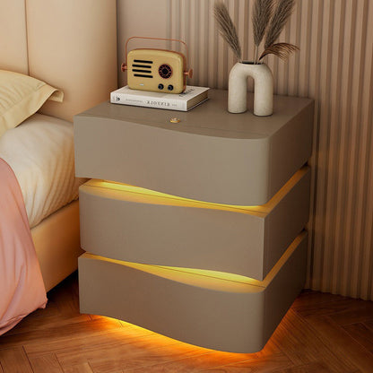Modern Luxury Solid Wood Faux Leather Curved Square Nightstand 3-Drawer For Bedroom