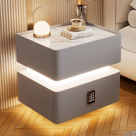 Modern Luxury Rock Panel Tempered Glass Microfiber Leather Solid Wood Rounded Nightstand 2-Drawer For Bedroom