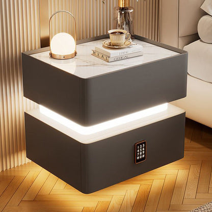 Modern Luxury Rock Panel Tempered Glass Microfiber Leather Solid Wood Rounded Nightstand 2-Drawer For Bedroom
