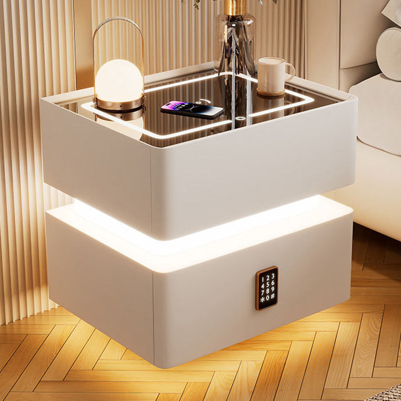 Modern Luxury Rock Panel Tempered Glass Microfiber Leather Solid Wood Rounded Nightstand 2-Drawer For Bedroom