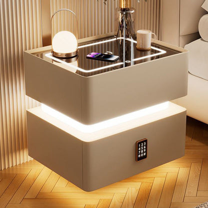 Modern Luxury Rock Panel Tempered Glass Microfiber Leather Solid Wood Rounded Nightstand 2-Drawer For Bedroom