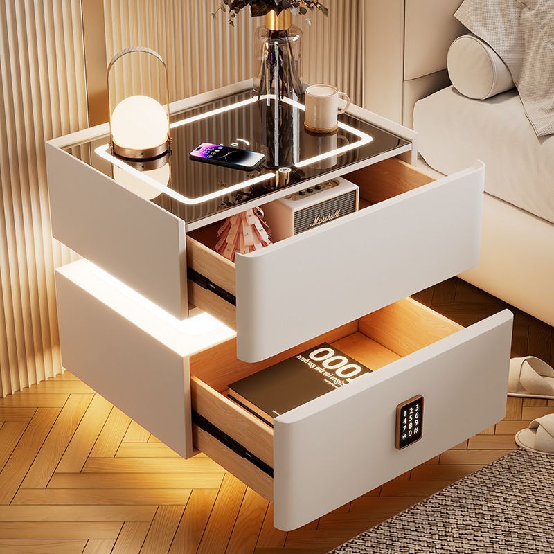 Modern Luxury Rock Panel Tempered Glass Microfiber Leather Solid Wood Rounded Nightstand 2-Drawer For Bedroom