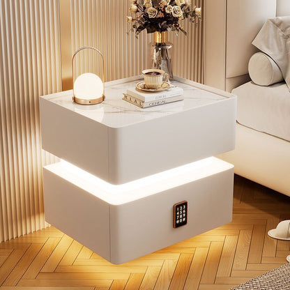Modern Luxury Rock Panel Tempered Glass Microfiber Leather Solid Wood Rounded Nightstand 2-Drawer For Bedroom