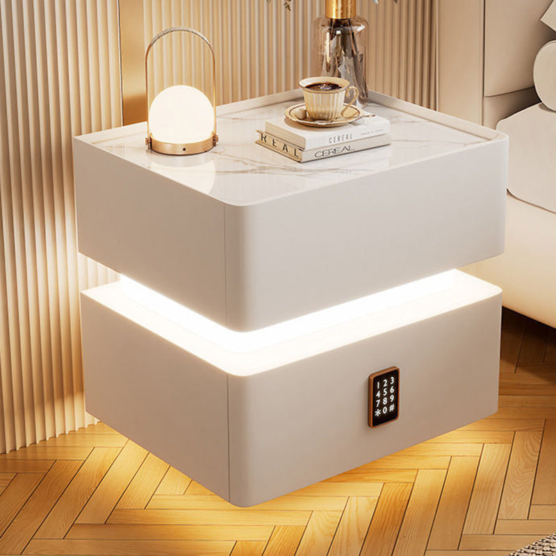 Modern Luxury Rock Panel Tempered Glass Microfiber Leather Solid Wood Rounded Nightstand 2-Drawer For Bedroom