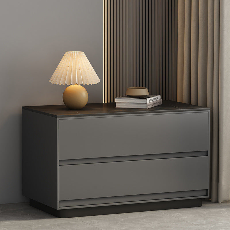 Modern Minimalist Sintered Stone Microfiber Leather Wood Rectangular Nightstand 2-Drawer For Bedroom