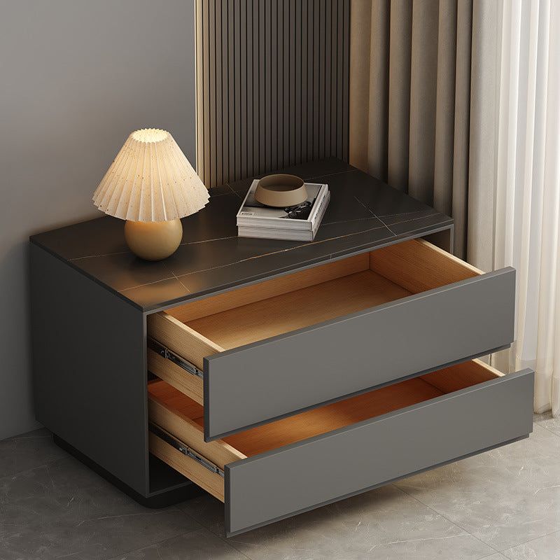 Modern Minimalist Sintered Stone Microfiber Leather Wood Rectangular Nightstand 2-Drawer For Bedroom
