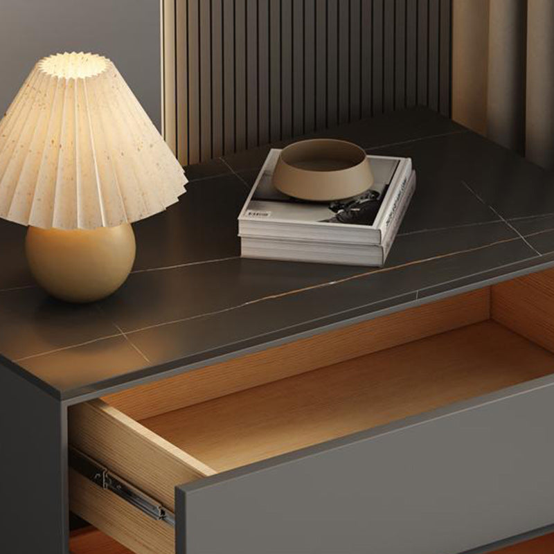 Modern Minimalist Sintered Stone Microfiber Leather Wood Rectangular Nightstand 2-Drawer For Bedroom