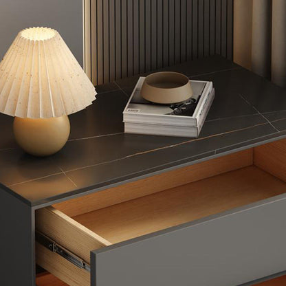 Modern Minimalist Sintered Stone Microfiber Leather Wood Rectangular Nightstand 2-Drawer For Bedroom