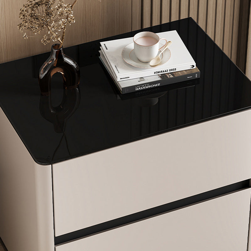 Modern Luxury Tempered Glass Solid Wood Rounded Rectangular Nightstand 2-Drawer For Bedroom