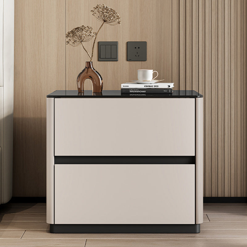 Modern Luxury Tempered Glass Solid Wood Rounded Rectangular Nightstand 2-Drawer For Bedroom
