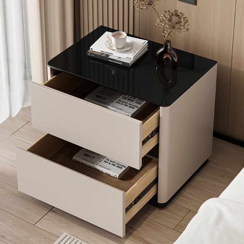 Modern Luxury Tempered Glass Solid Wood Rounded Rectangular Nightstand 2-Drawer For Bedroom