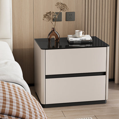 Modern Luxury Tempered Glass Solid Wood Rounded Rectangular Nightstand 2-Drawer For Bedroom