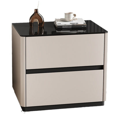 Modern Luxury Tempered Glass Solid Wood Rounded Rectangular Nightstand 2-Drawer For Bedroom