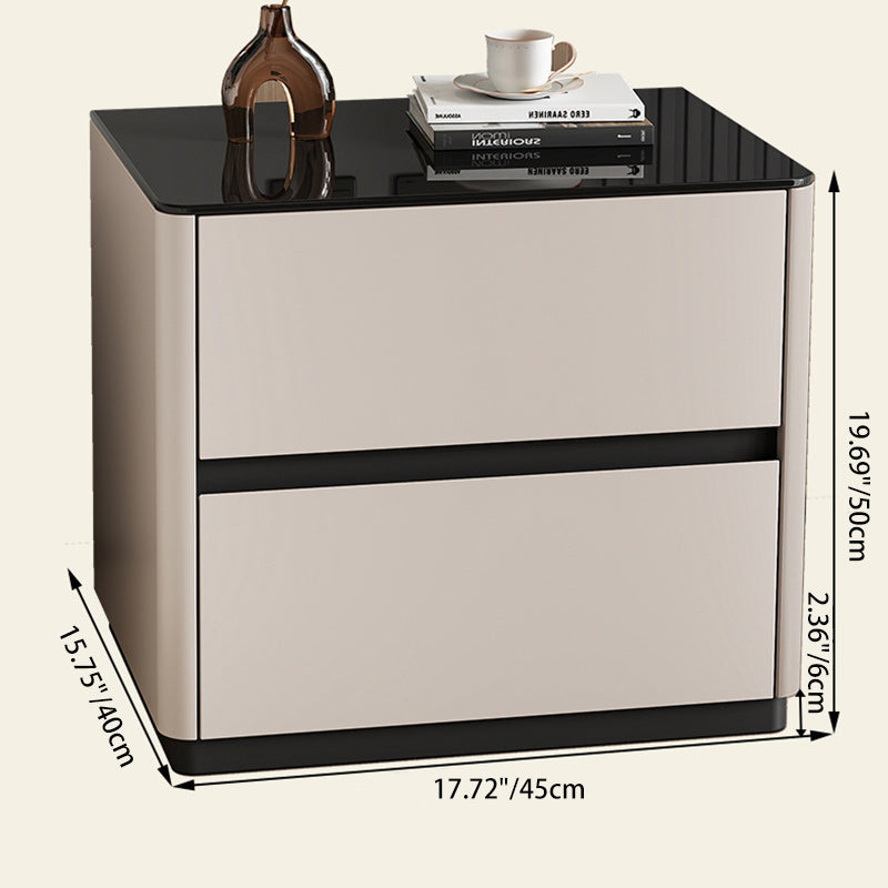 Modern Luxury Tempered Glass Solid Wood Rounded Rectangular Nightstand 2-Drawer For Bedroom