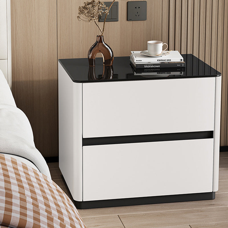 Modern Luxury Tempered Glass Solid Wood Rounded Rectangular Nightstand 2-Drawer For Bedroom