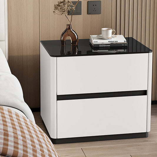Modern Luxury Tempered Glass Solid Wood Rounded Rectangular Nightstand 2-Drawer For Bedroom