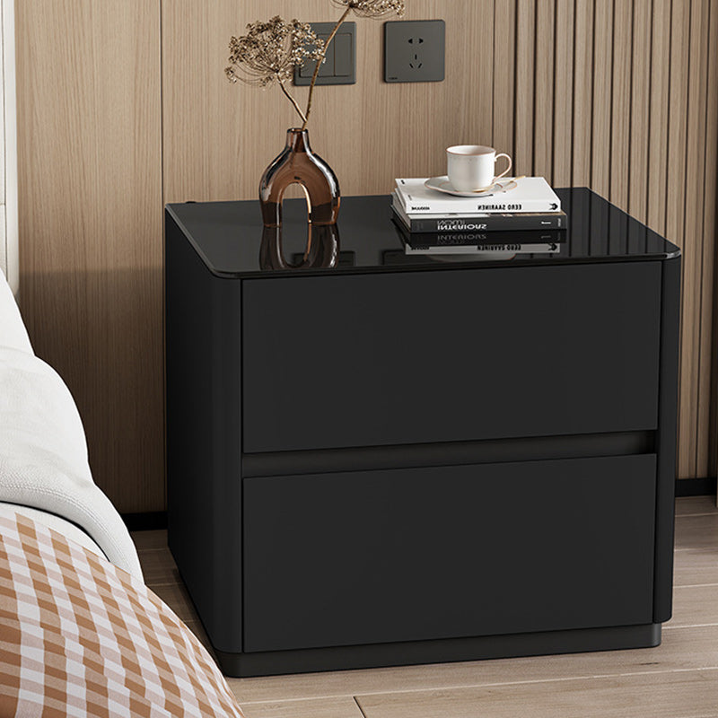 Modern Luxury Tempered Glass Solid Wood Rounded Rectangular Nightstand 2-Drawer For Bedroom