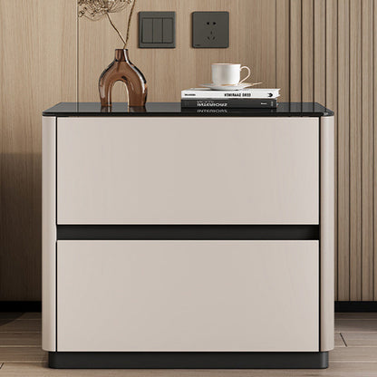 Modern Luxury Tempered Glass Solid Wood Rounded Rectangular Nightstand 2-Drawer For Bedroom