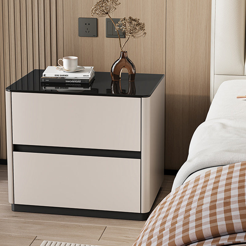Modern Luxury Tempered Glass Solid Wood Rounded Rectangular Nightstand 2-Drawer For Bedroom