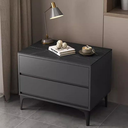 Modern Minimalist Solid Wood Sintered Stone Rectangular Nightstand With 2 Drawers For Bedroom
