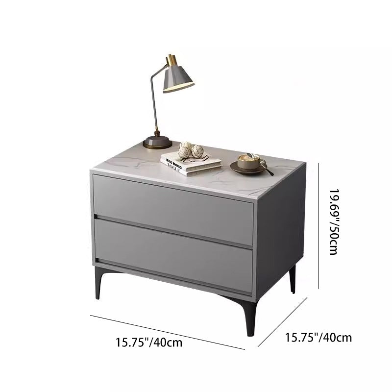 Modern Minimalist Solid Wood Sintered Stone Rectangular Nightstand With 2 Drawers For Bedroom