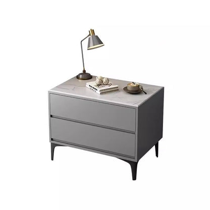 Modern Minimalist Solid Wood Sintered Stone Rectangular Nightstand With 2 Drawers For Bedroom