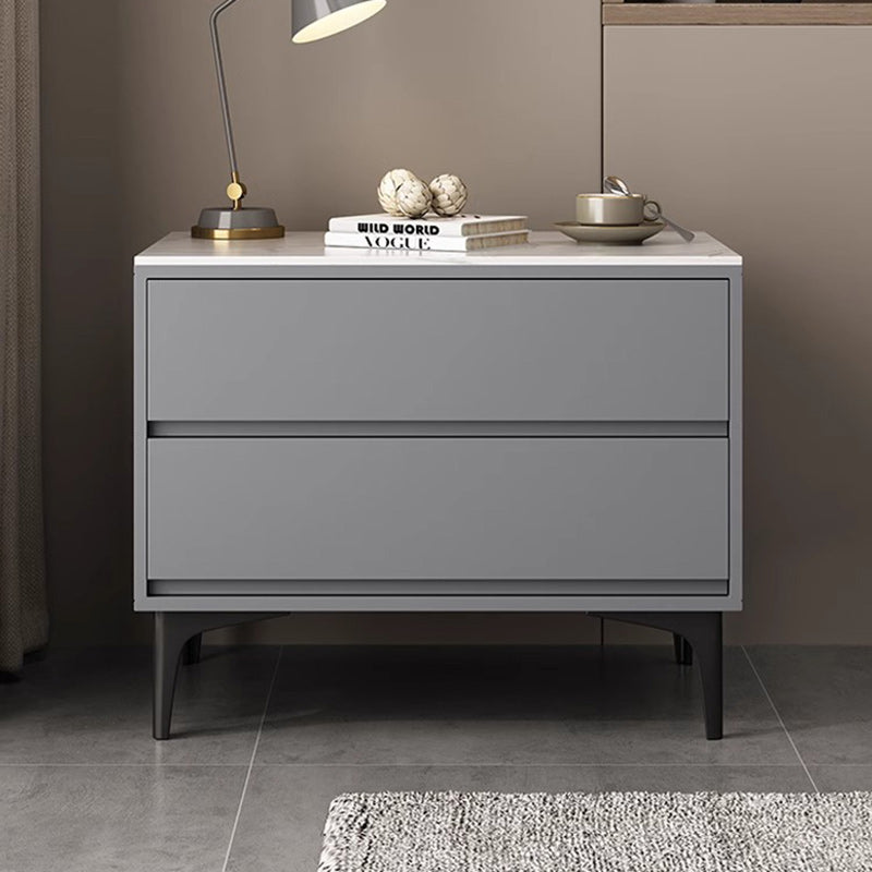 Modern Minimalist Solid Wood Sintered Stone Rectangular Nightstand With 2 Drawers For Bedroom