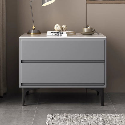 Modern Minimalist Solid Wood Sintered Stone Rectangular Nightstand With 2 Drawers For Bedroom