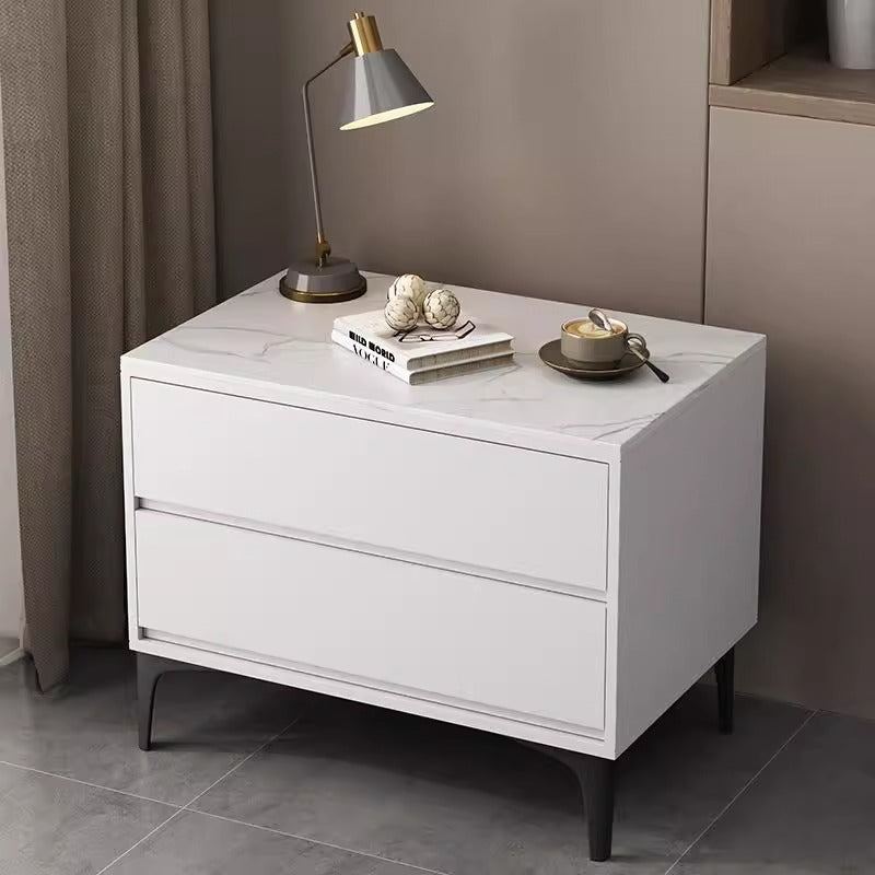 Modern Minimalist Solid Wood Sintered Stone Rectangular Nightstand With 2 Drawers For Bedroom