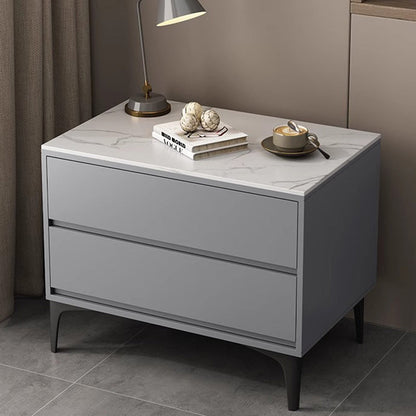 Modern Minimalist Solid Wood Sintered Stone Rectangular Nightstand With 2 Drawers For Bedroom