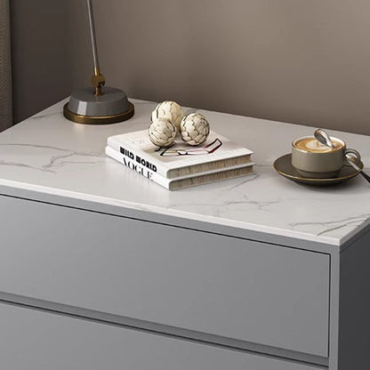 Modern Minimalist Solid Wood Sintered Stone Rectangular Nightstand With 2 Drawers For Bedroom