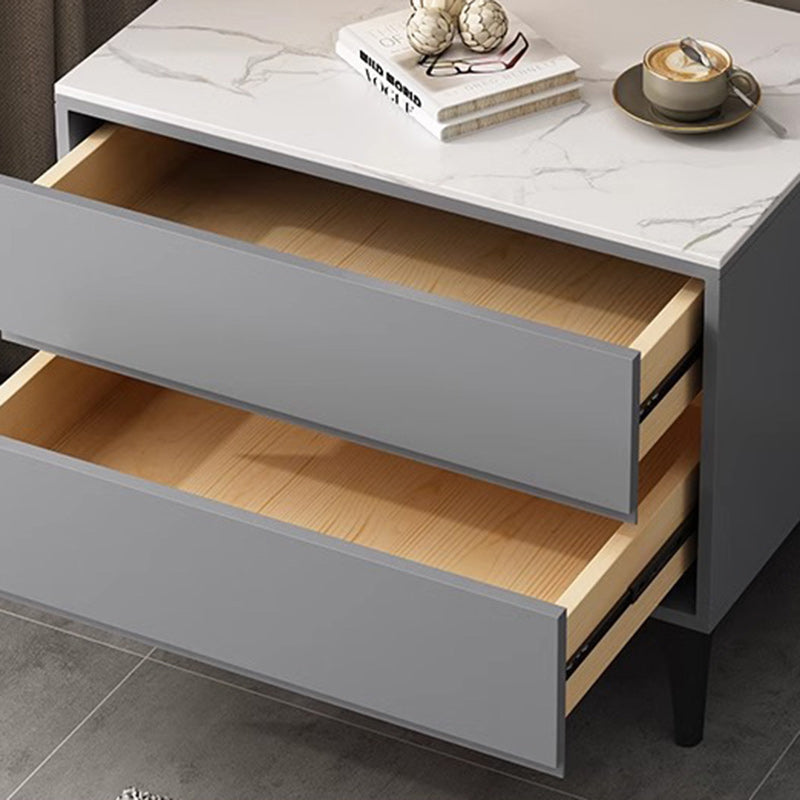 Modern Minimalist Solid Wood Sintered Stone Rectangular Nightstand With 2 Drawers For Bedroom