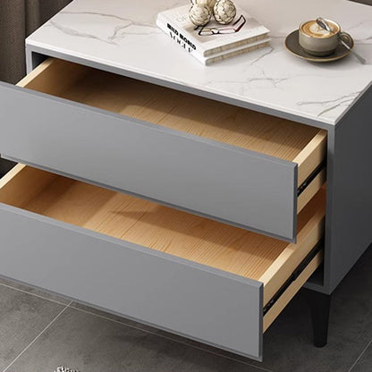 Modern Minimalist Solid Wood Sintered Stone Rectangular Nightstand With 2 Drawers For Bedroom
