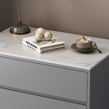 Modern Minimalist Solid Wood Sintered Stone Rectangular Nightstand With 2 Drawers For Bedroom