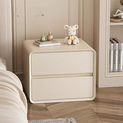 Modern Minimalist Faux Leather Solid Wood Rounded Rectangular Nightstand 2-Drawer For Bedroom