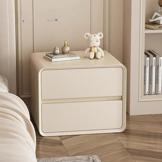 Modern Minimalist Faux Leather Solid Wood Rounded Rectangular Nightstand 2-Drawer For Bedroom