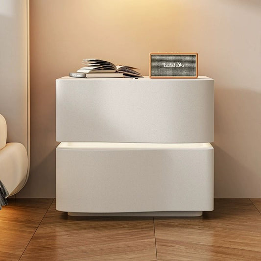 Contemporary Creative Solid Wood Faux Leather Curved Rectangular Nightstand 2-Drawer For Bedroom