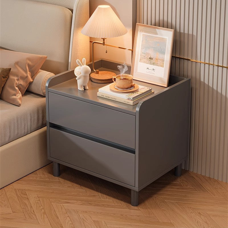 Modern Minimalist Solid Wood Metal Rounded Square Nightstand 2-Drawer For Bedroom